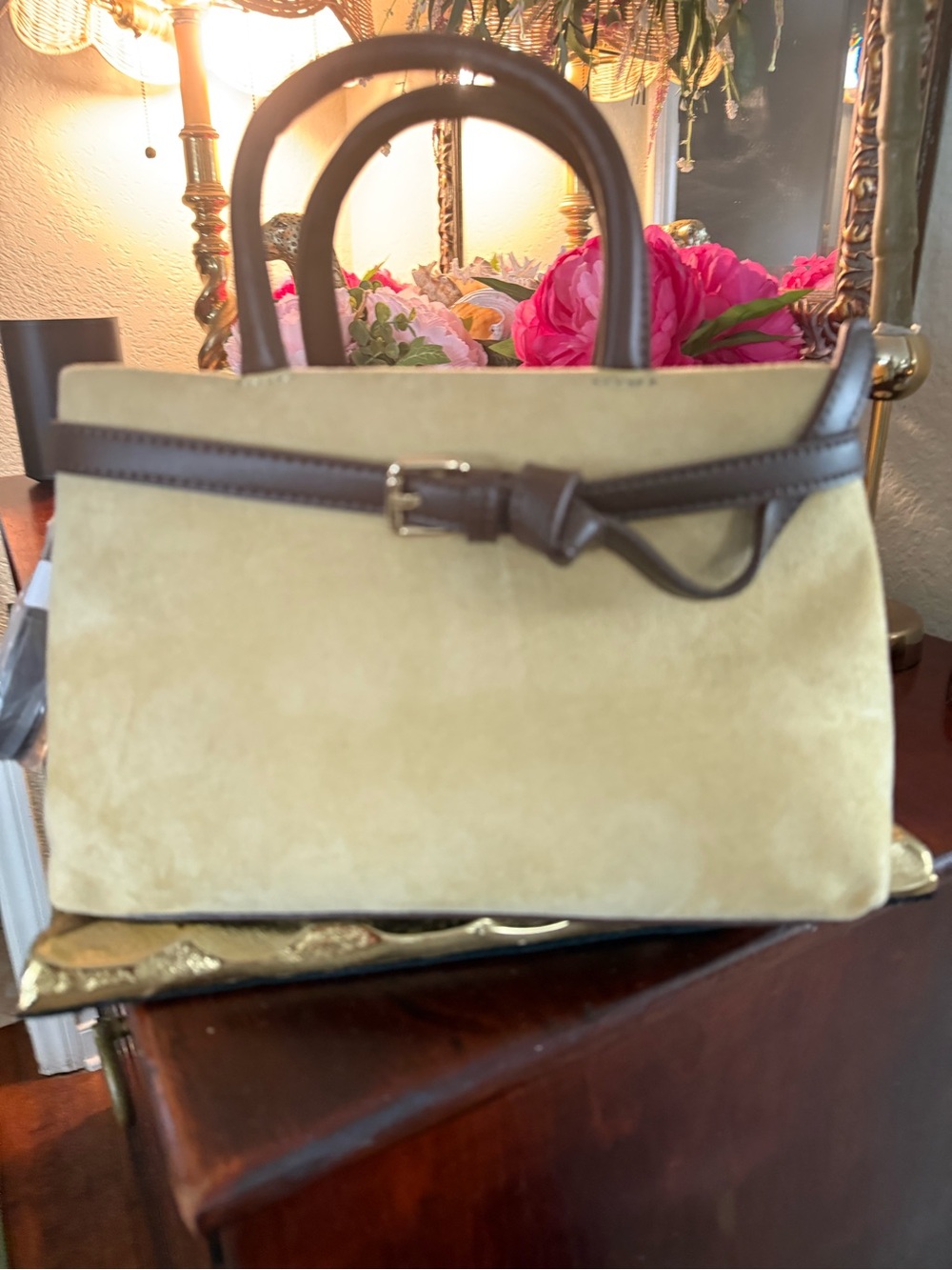 Suede like Top-Handle Tote Bag in yellow gold and Brown trim